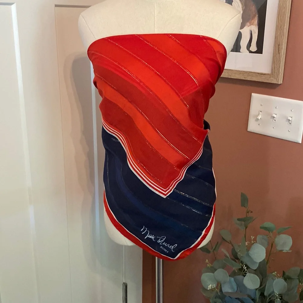 Vintage Marc Aurel Roma red white blue square 31.5 x 31.5 metallic thread scarf